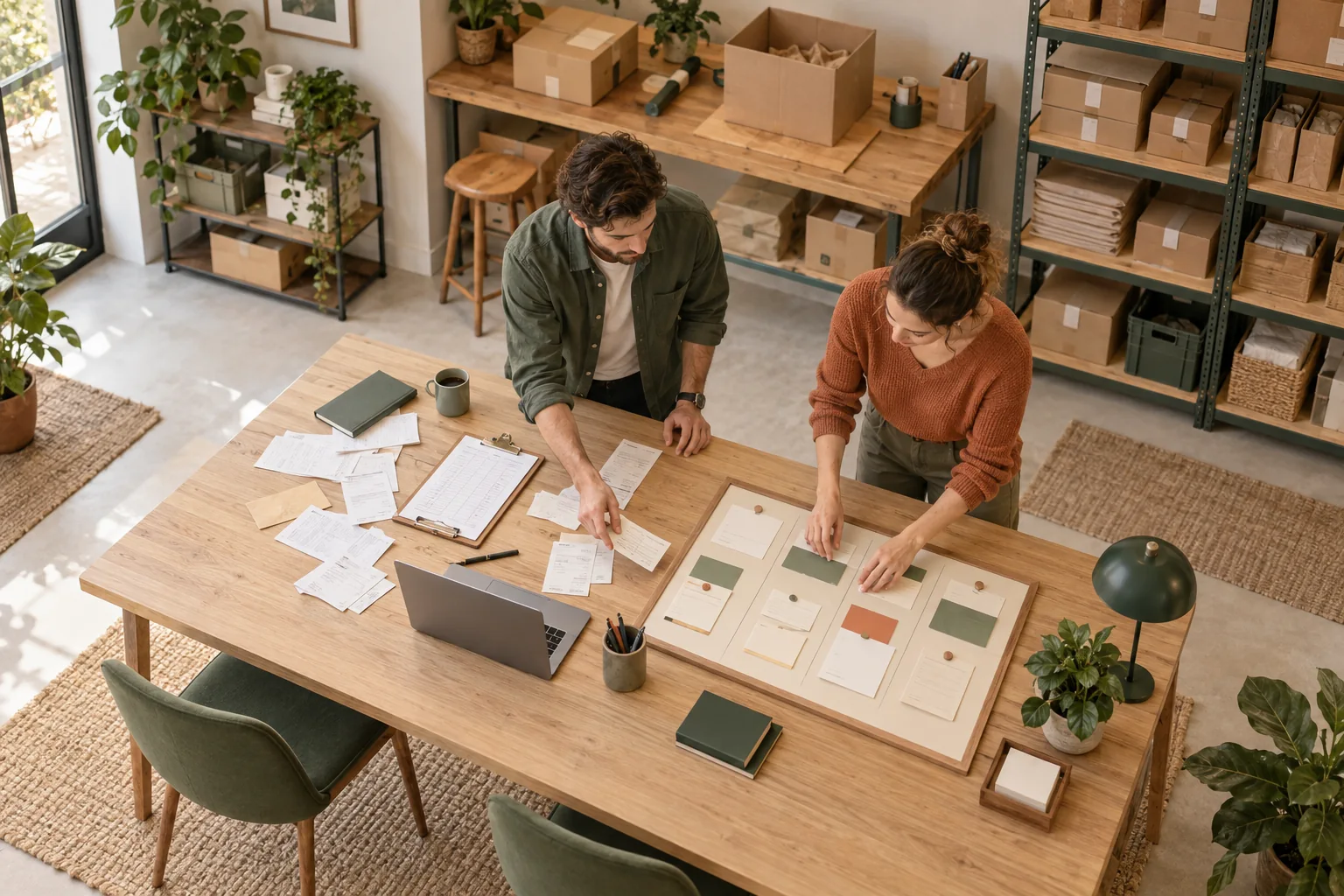 Colleagues organize business records into a shared workflow.