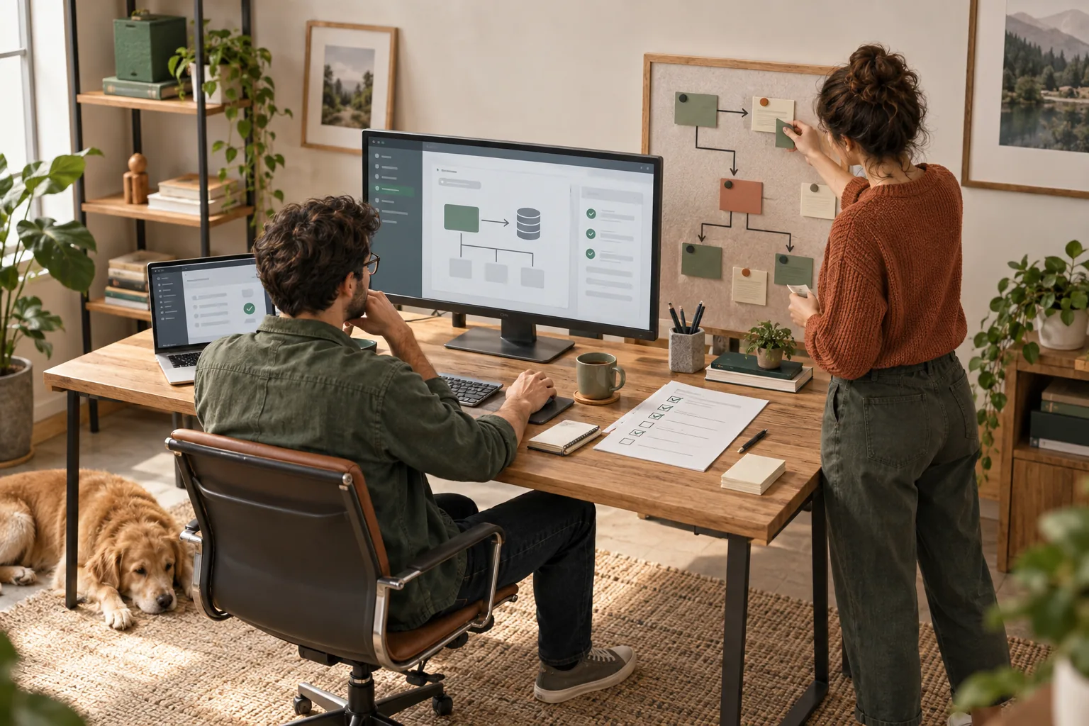 Engineers connect a workflow design to a working application and test checklist.