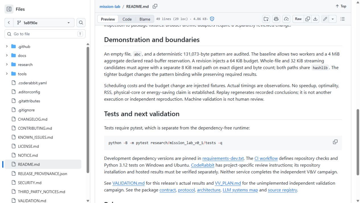 Mission Lab documentation describing the bounded file-audit demonstration and pending validation.