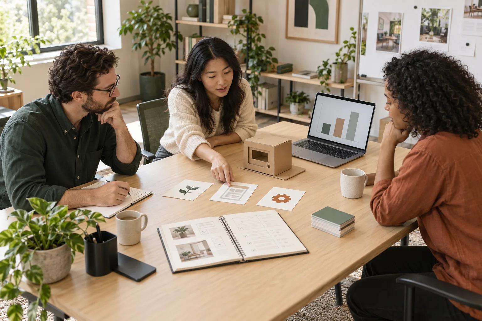 Colleagues compare project options and a prototype at a meeting table.